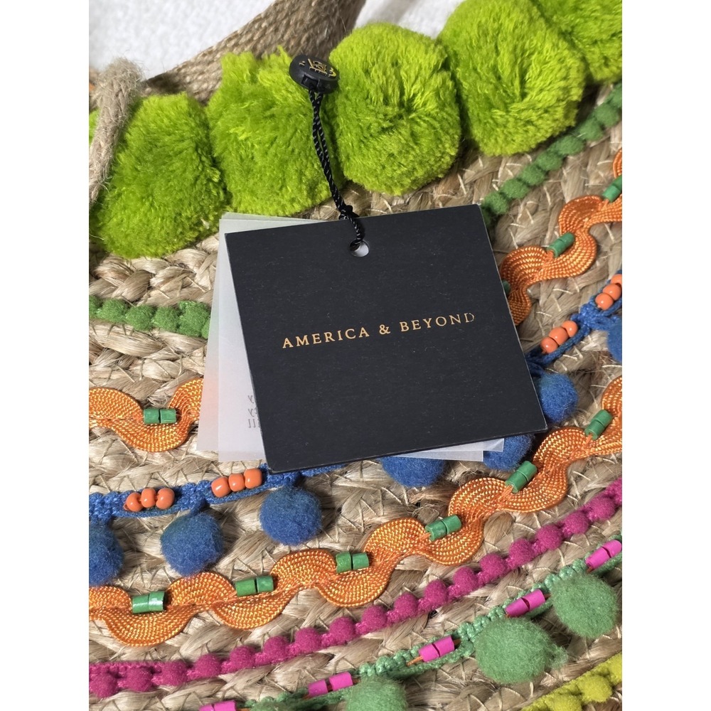 NWT America & Beyond Pom Pom Fiesta Jute Tote Bag Beach Pool - Picture 6 of 9